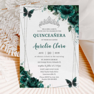 Invitation Quinceañera Emerald Green Floral Butterflies Tiara
