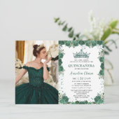 Invitation Quinceañera Emerald Green Floral Crown Anniversair (Debout devant)