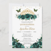 Invitation Quinceañera Emerald Green Floral Crown Español (Devant)