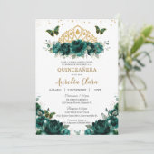 Invitation Quinceañera Emerald Green Floral Crown Español (Debout devant)