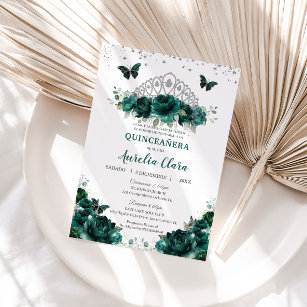 Invitation Quinceañera Emerald Green Floral Crown Español