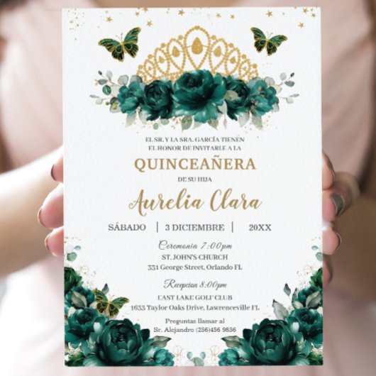Invitation Quinceañera Emerald Green Floral Crown Español