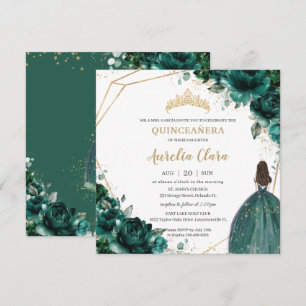 Invitation Quinceañera Emerald Green Floral Gold Princess