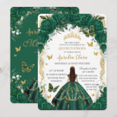 Invitation Quinceañera Emerald Green Floral Gold Princess (Devant / Derrière)