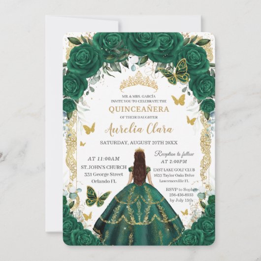 Invitation Quinceañera Emerald Green Floral Gold Princess (Devant)