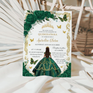 Invitation Quinceañera Emerald Green Floral Gold Princess