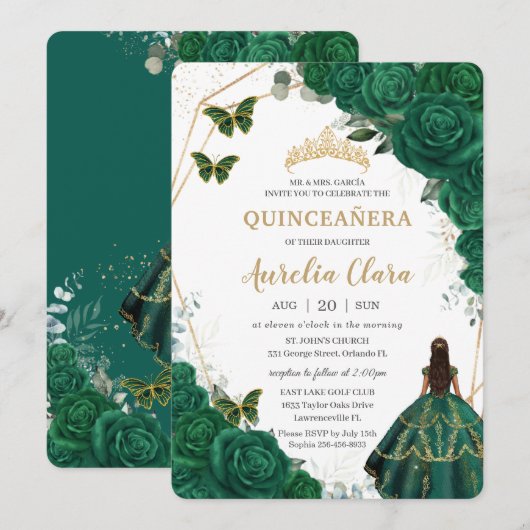 Invitation Quinceañera Emerald Green Floral Gold Princess (Devant / Derrière)