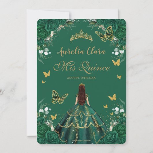 Invitation Quinceañera Emerald Green Floral Gold Princess In (Dos)