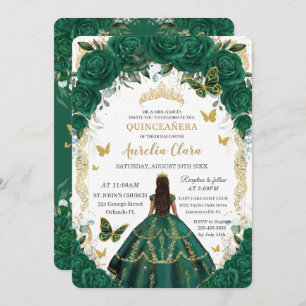 Invitation Quinceañera Emerald Green Floral Gold Princess In