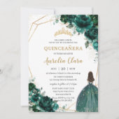 Invitation Quinceañera Emerald Green Floral Gold Princess Inv (Devant)