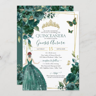Invitation Quinceañera Emerald Green Floral Papillons Robe