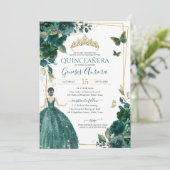 Invitation Quinceañera Emerald Green Floral Papillons Robe (Debout devant)