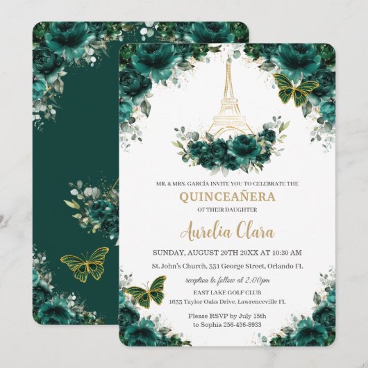 Invitation Quinceañera Emerald Green Floral Paris Papillons (Devant / Derrière)