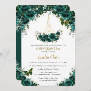 Invitation Quinceañera Emerald Green Floral Paris Papillons
