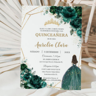 Invitation Quinceañera Emerald Green Floral Princess Español