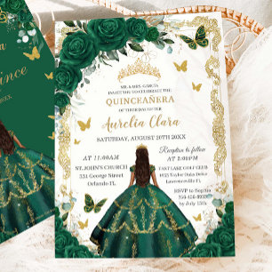 Invitation Quinceañera Emerald Green Floral Princess Gold