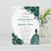 Invitation Quinceañera Emerald Green Floral Silver Princess (Debout devant)