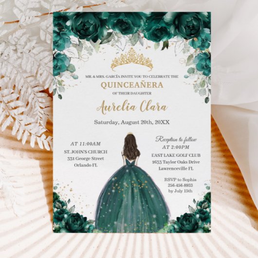 Invitation Quinceañera Emerald Green Floral Tiara Princess