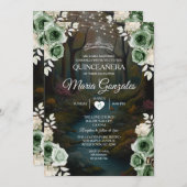 Invitation Quinceañera Emerald Green Forêt enchantée Floral (Devant / Derrière)