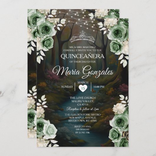 Invitation Quinceañera Emerald Green Forêt enchantée Floral (Devant / Derrière)