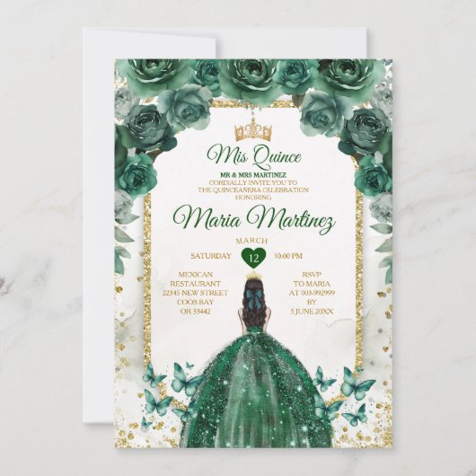 Invitation Quinceañera Emerald Green & Gold Crown Anniversair (Devant)