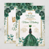 Invitation Quinceañera Emerald Green & Gold Crown Anniversair (Devant / Derrière)