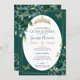 Invitation Quinceañera Emerald Green & Gold Floral Butterfly
