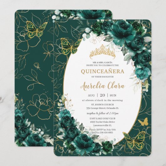 Invitation Quinceañera Emerald Green Gold Floral Papillons (Devant / Derrière)