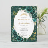 Invitation Quinceañera Emerald Green Gold Floral Papillons (Debout devant)