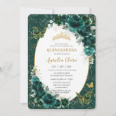 Invitation Quinceañera Emerald Green Gold Floral Papillons (Devant)