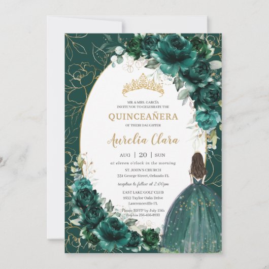 Invitation Quinceañera Emerald Green Gold Floral Princesse (Devant)