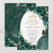 Invitation Quinceañera Emerald Green Gold Floral Princesse (Devant / Derrière)