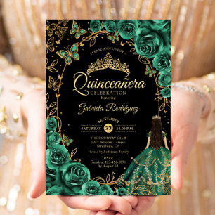 Invitation Quinceanera Emerald Green Gold Noir