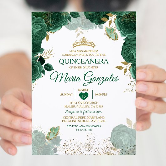 Invitation Quinceañera Emerald Green Papillon mexicain