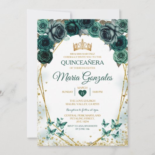 Invitation Quinceañera Emerald Green Papillon mexicain (Devant)
