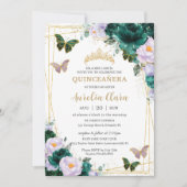 Invitation Quinceañera Emerald Green Purple Floral Papillon (Devant)