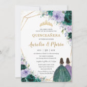 Invitation Quinceañera Emerald Green Purple Floral Twins (Devant)