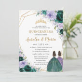 Invitation Quinceañera Emerald Green Purple Floral Twins (Debout devant)