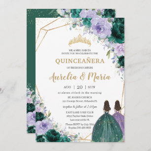 Invitation Quinceañera Emerald Green Purple Floral Twins