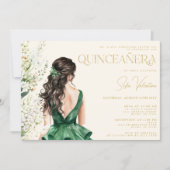 Invitation Quinceañera Emerald Green Robe Floral Brunette (Devant)
