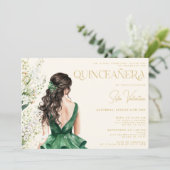 Invitation Quinceañera Emerald Green Robe Floral Brunette (Debout devant)