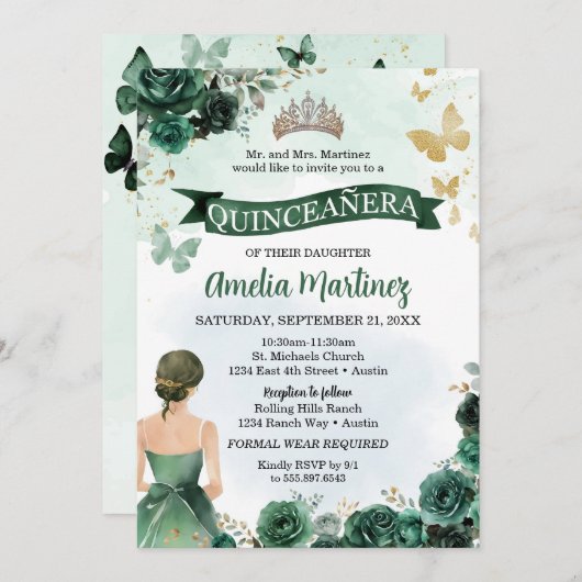 Invitation Quinceanera Emerald Green Robe Papillon Or (Devant / Derrière)