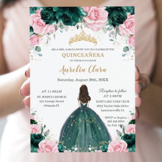 Invitation Quinceañera Emerald Green Rose Floral Princesse