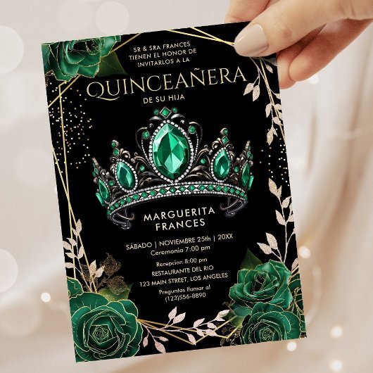 Invitation Quinceañera Emerald Green Tiara Floral Espagnol