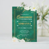 Invitation Quinceanera Emerald Vert Aquarelle Blanc Floral (Debout devant)