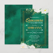 Invitation Quinceanera Emerald Vert Aquarelle Blanc Floral (Devant / Derrière)