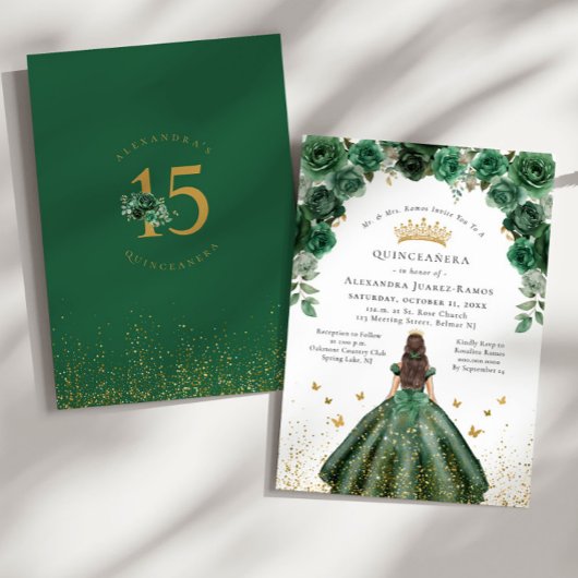Invitation Quinceañera Emerald Vert Floral Faux Or huile