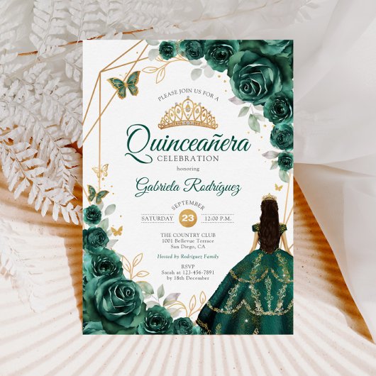 Invitation Quinceanera Emerald Vert Robe Or