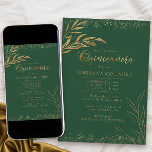 Invitation Quinceañera Émeraude et Feuille d'Or Élégante