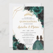 Invitation Quinceañera Émeraude Noir Fleurs Roses Jumelles (Devant)